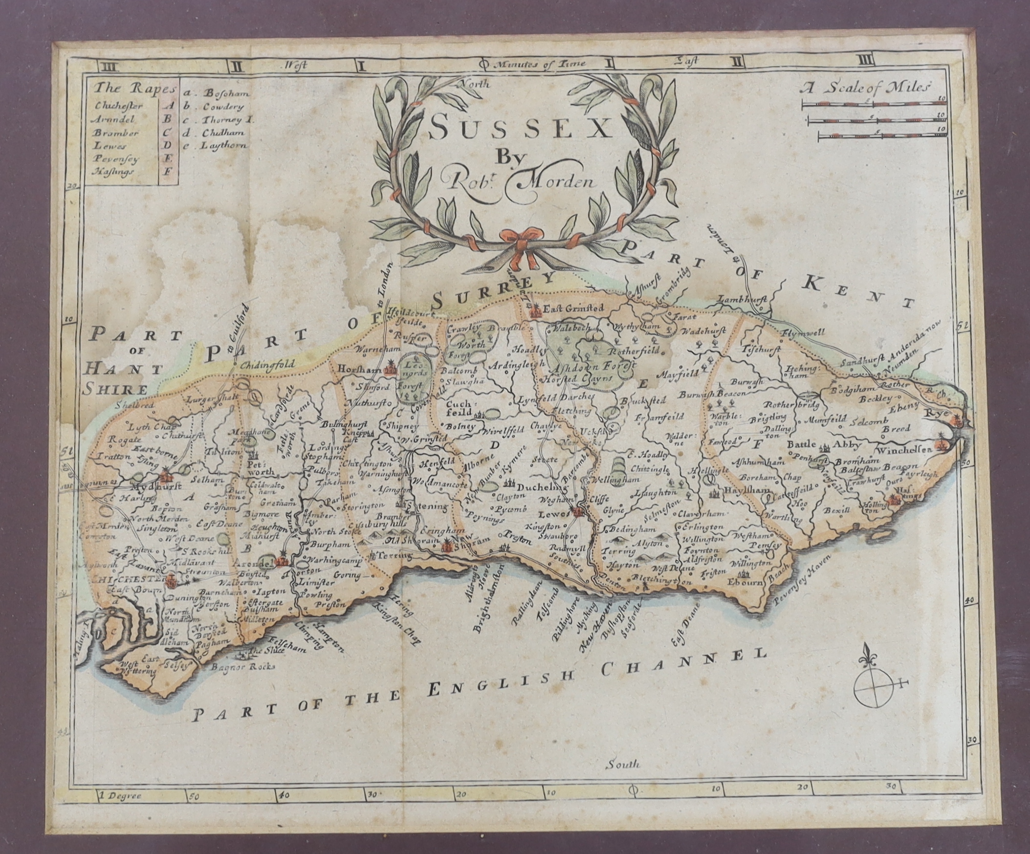 John Norden & William Hole, 17th century engraved county map of Hampshire, originally produced for William Camden's Britannia and published 1637, later hand-coloured, 30 x 32cm; Moll, Herman - The Dominions of Muscovy in